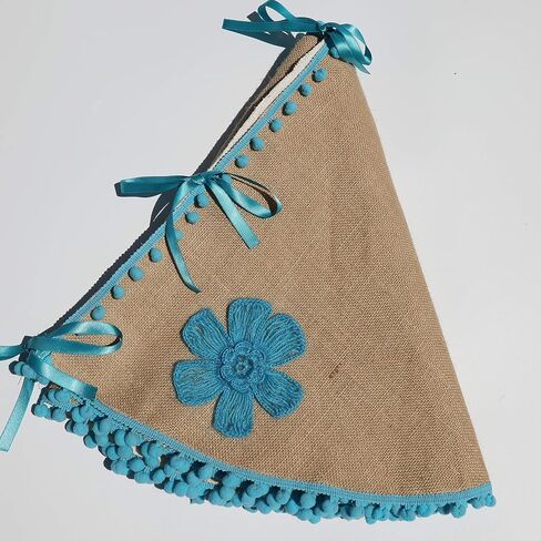 Burlap Floral Christmas Tree Skirt With Blue Pom Pom Trim Crocheted Blue Flowers 30'' to 50 '' Handmade Cottage Xmas Tree Decor in Saudi Arabia