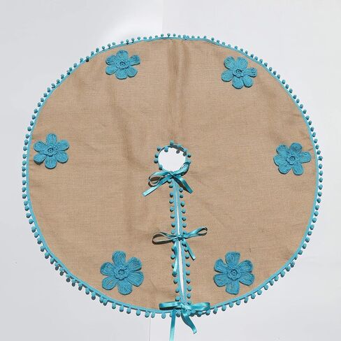 Burlap Floral Christmas Tree Skirt With Blue Pom Pom Trim Crocheted Blue Flowers 30'' to 50 '' Handmade Cottage Xmas Tree Decor in Saudi Arabia