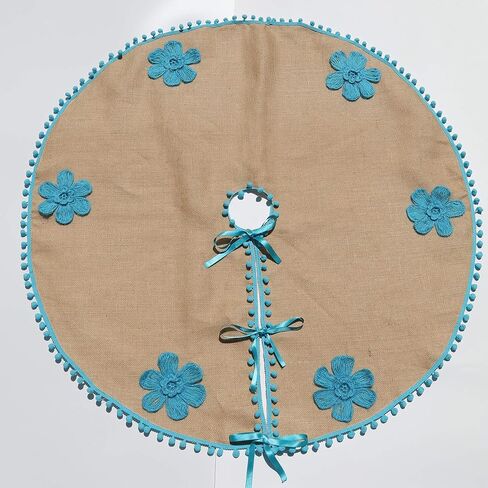Burlap Floral Christmas Tree Skirt With Blue Pom Pom Trim Crocheted Blue Flowers 30'' to 50 '' Handmade Cottage Xmas Tree Decor in Saudi Arabia