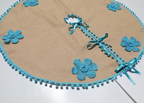 Burlap Floral Christmas Tree Skirt With Blue Pom Pom Trim Crocheted Blue Flowers 30'' to 50 '' Handmade Cottage Xmas Tree Decor in Saudi Arabia