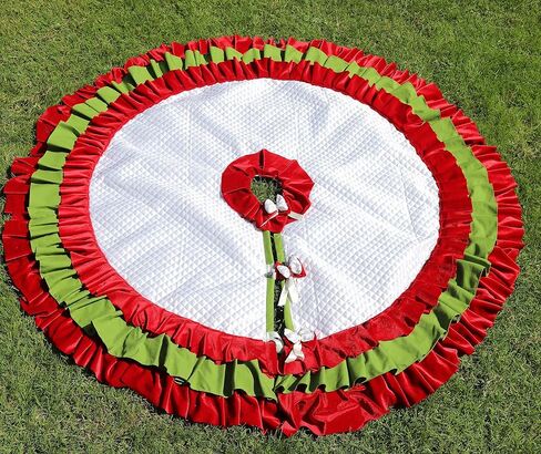 White Christmas Tree Skirt 36'' To 100 '' Extra LArge 3 Layer Green and Red Velvet Ruffled Tree Skirt Cottage Chic WhiteTree Decor in Kuwait