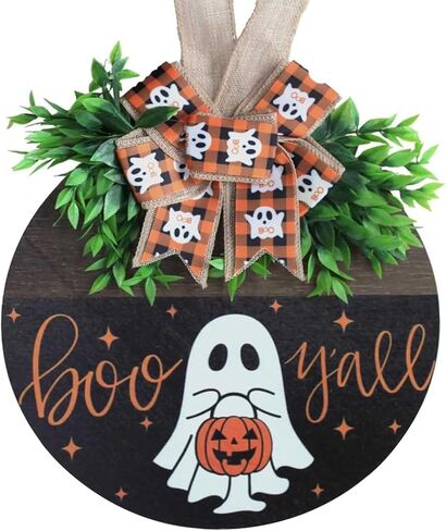 Halloween Wooden Welcome Sign Decorations for Front Door,Hanging Decor Halloween Ghost Indoor Outdoor Wreath for Door Porch Farmhouse Window,Fall Halloween Home Decorations(Pumpkin Ghost) in Kuwait