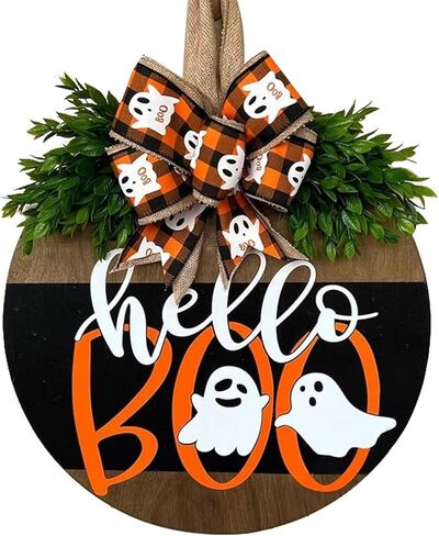 Halloween Wooden Welcome Sign Decorations for Front Door,Hanging Decor Halloween Ghost Indoor Outdoor Wreath for Door Porch Farmhouse Window,Fall Halloween Home Decorations(Pumpkin Ghost) in Kuwait