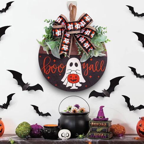 Halloween Wooden Welcome Sign Decorations for Front Door,Hanging Decor Halloween Ghost Indoor Outdoor Wreath for Door Porch Farmhouse Window,Fall Halloween Home Decorations(Pumpkin Ghost) in Kuwait