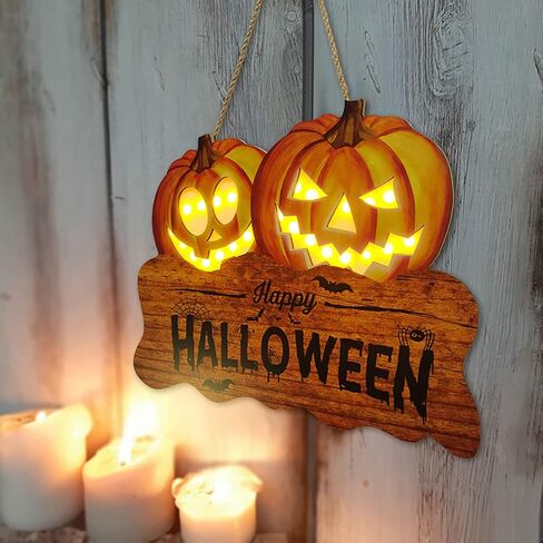 Halloween Wood Fall Pumpkin Welcome Sign with Light for Thanksgiving Fall Front Door Decoration for Harvest Thanksgiving Autumn Hanging Wall Decor with Light (3 Pumpkins) in Saudi Arabia