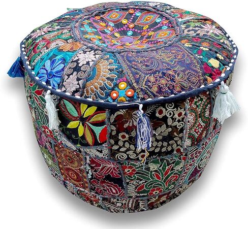 Indian Patchwork Pouf Cover Indian Living Room Pouf, Decorative Ottoman,Embroidered Designer Ottoman, Home Living Footstool Chair Cover, Bohemian Ottoman Pouf Decor (18 Inches, Black) in Kuwait