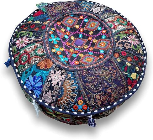 Indian Patchwork Pouf Cover Indian Living Room Pouf, Decorative Ottoman,Embroidered Designer Ottoman, Home Living Footstool Chair Cover, Bohemian Ottoman Pouf Decor (18 Inches, Black) in Kuwait
