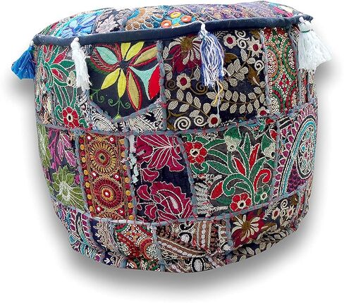 Indian Patchwork Pouf Cover Indian Living Room Pouf, Decorative Ottoman,Embroidered Designer Ottoman, Home Living Footstool Chair Cover, Bohemian Ottoman Pouf Decor (18 Inches, Black) in Kuwait