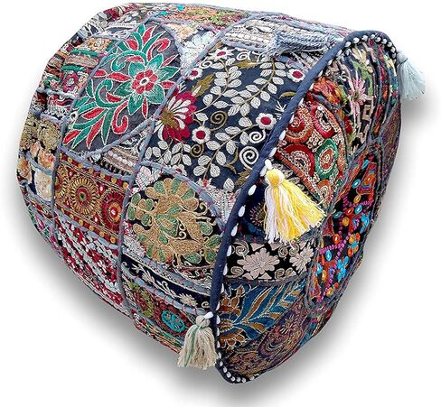Indian Patchwork Pouf Cover Indian Living Room Pouf, Decorative Ottoman,Embroidered Designer Ottoman, Home Living Footstool Chair Cover, Bohemian Ottoman Pouf Decor (18 Inches, Black) in Kuwait