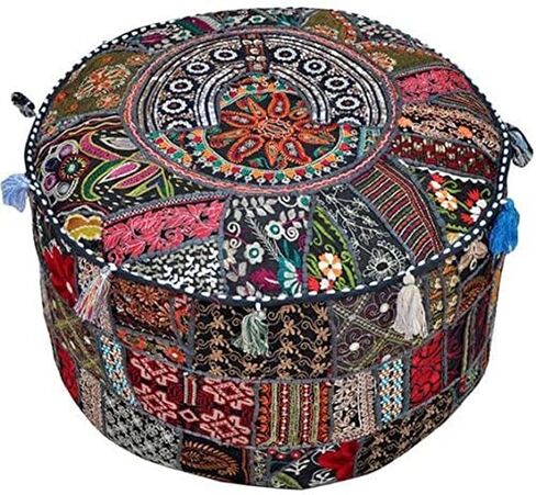 Indian Patchwork Pouf Cover Indian Living Room Pouf, Decorative Ottoman,Embroidered Designer Ottoman, Home Living Footstool Chair Cover, Bohemian Ottoman Pouf Decor (18 Inches, Black) in Kuwait