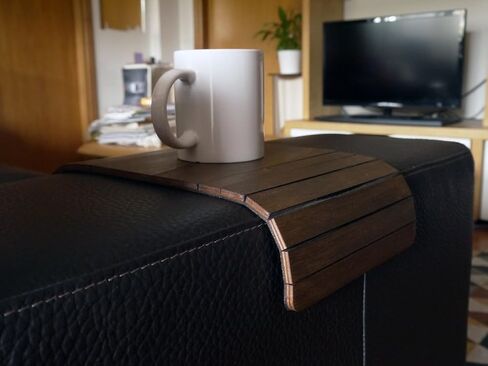 Flexible Sofa Arm Tray and Over Couch Side Table Dark Walnut Foldable Wooden Armrest Organizer with Felt Underside Handmade in Italy for Drinks Snacks Remote Storage in Saudi Arabia