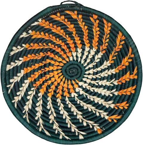 Handwoven African Baskets Handmade Raffia Woven Fruit Bowl Wall Hanging Basket Décor for Home Kitchen Living Room Gifts Zen Designs Arts and Crafts (Green Orange Natural, 8in diameter) in Saudi Arabia