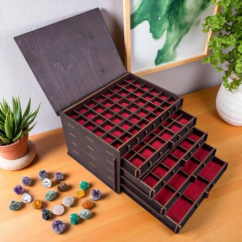 Personalized Wooden Crystal, Stone, Rock, Mineral Collection Storage Box with Drawers - Customizable Drawers in Saudi Arabia