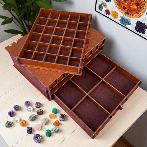 Personalized Wooden Crystal, Stone, Rock, Mineral Collection Storage Box with Drawers - Customizable Drawers in Saudi Arabia