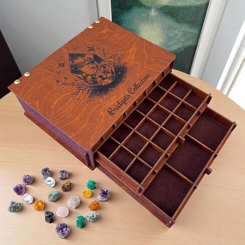 Personalized Wooden Crystal, Stone, Rock, Mineral Collection Storage Box with Drawers - Customizable Drawers in Saudi Arabia
