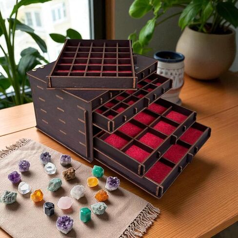 Personalized Wooden Crystal, Stone, Rock, Mineral Collection Storage Box with Drawers - Customizable Drawers in Saudi Arabia