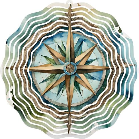 Watercolor Nautical Compass Wind Spinner, 10 Inch Metal, Indoor/Outdoor Kinetic Art Decor in Saudi Arabia