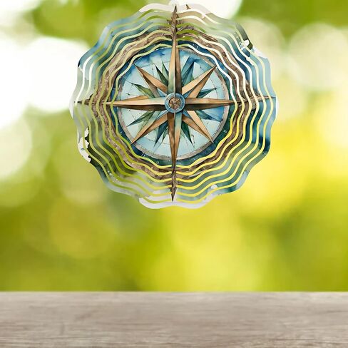 Watercolor Nautical Compass Wind Spinner, 10 Inch Metal, Indoor/Outdoor Kinetic Art Decor in Saudi Arabia