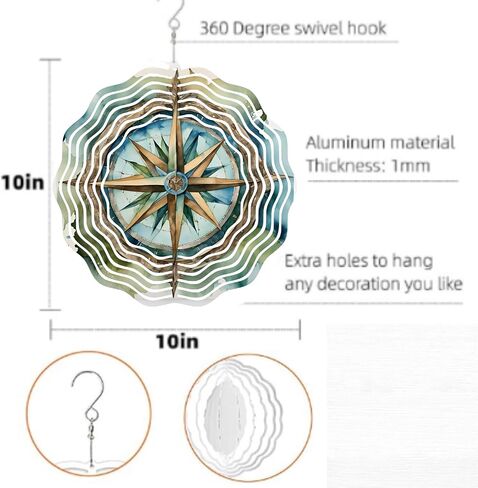 Watercolor Nautical Compass Wind Spinner, 10 Inch Metal, Indoor/Outdoor Kinetic Art Decor in Saudi Arabia