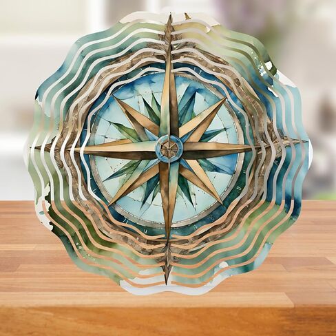 Watercolor Nautical Compass Wind Spinner, 10 Inch Metal, Indoor/Outdoor Kinetic Art Decor in Saudi Arabia