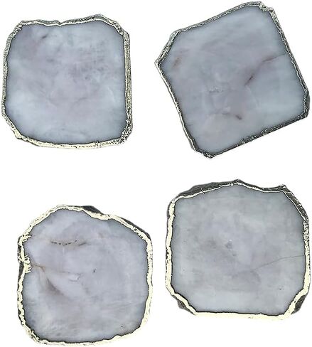 Set of 4 White Agate Coasters with Gold Edge, 3.5-4", Geode Design, Natural Gemstone Drink Mats for Coffee Table, Home Decor in Saudi Arabia