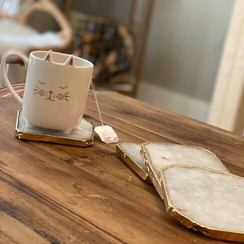 Set of 4 White Agate Coasters with Gold Edge, 3.5-4", Geode Design, Natural Gemstone Drink Mats for Coffee Table, Home Decor in Saudi Arabia