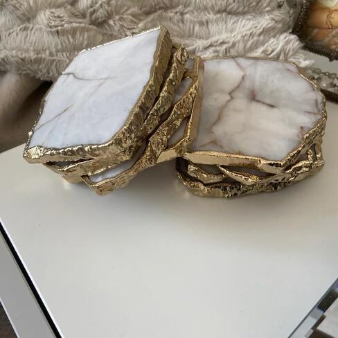 Set of 4 White Agate Coasters with Gold Edge, 3.5-4", Geode Design, Natural Gemstone Drink Mats for Coffee Table, Home Decor in Saudi Arabia