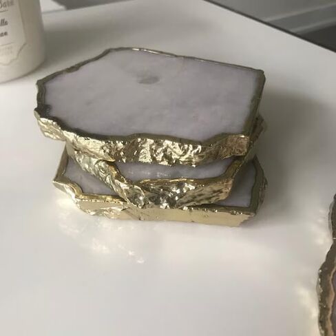 Set of 4 White Agate Coasters with Gold Edge, 3.5-4", Geode Design, Natural Gemstone Drink Mats for Coffee Table, Home Decor in Saudi Arabia