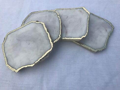 Set of 4 White Agate Coasters with Gold Edge, 3.5-4", Geode Design, Natural Gemstone Drink Mats for Coffee Table, Home Decor in Saudi Arabia
