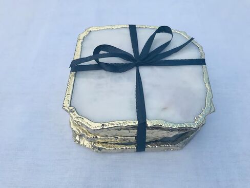 Set of 4 White Agate Coasters with Gold Edge, 3.5-4", Geode Design, Natural Gemstone Drink Mats for Coffee Table, Home Decor in Saudi Arabia
