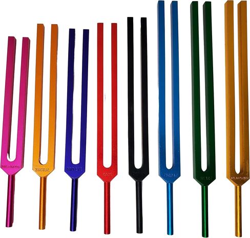 Tuning Fork Chakra Colored | Set of 8 Includes Soul Purpose | Includes Velvet pouch with Handmade North Indian Rosewood Polished Tuning Frok Mallet 22CM Long Handle in Saudi Arabia
