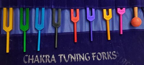 Tuning Fork Chakra Colored | Set of 8 Includes Soul Purpose | Includes Velvet pouch with Handmade North Indian Rosewood Polished Tuning Frok Mallet 22CM Long Handle in Saudi Arabia