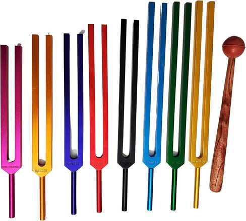 Tuning Fork Chakra Colored | Set of 8 Includes Soul Purpose | Includes Velvet pouch with Handmade North Indian Rosewood Polished Tuning Frok Mallet 22CM Long Handle in Saudi Arabia