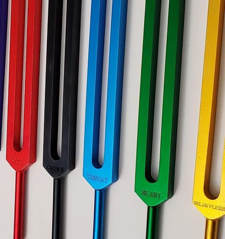 Tuning Fork Chakra Colored | Set of 8 Includes Soul Purpose | Includes Velvet pouch with Handmade North Indian Rosewood Polished Tuning Frok Mallet 22CM Long Handle in Saudi Arabia
