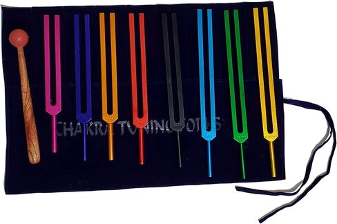 Tuning Fork Chakra Colored | Set of 8 Includes Soul Purpose | Includes Velvet pouch with Handmade North Indian Rosewood Polished Tuning Frok Mallet 22CM Long Handle in Saudi Arabia