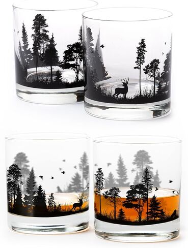 Set of 4 Whiskey Glasses by Black Lantern - Old Fashioned Tumbler Glasses Printed with Forest Animal Landscape Design - Set of Four 11oz. Glasses for Whisky Scotch Cocktails and Bourbon in Kuwait
