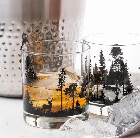 Set of 4 Whiskey Glasses by Black Lantern - Old Fashioned Tumbler Glasses Printed with Forest Animal Landscape Design - Set of Four 11oz. Glasses for Whisky Scotch Cocktails and Bourbon in Kuwait
