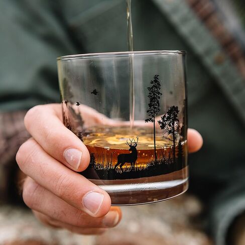 Set of 4 Whiskey Glasses by Black Lantern - Old Fashioned Tumbler Glasses Printed with Forest Animal Landscape Design - Set of Four 11oz. Glasses for Whisky Scotch Cocktails and Bourbon in Kuwait