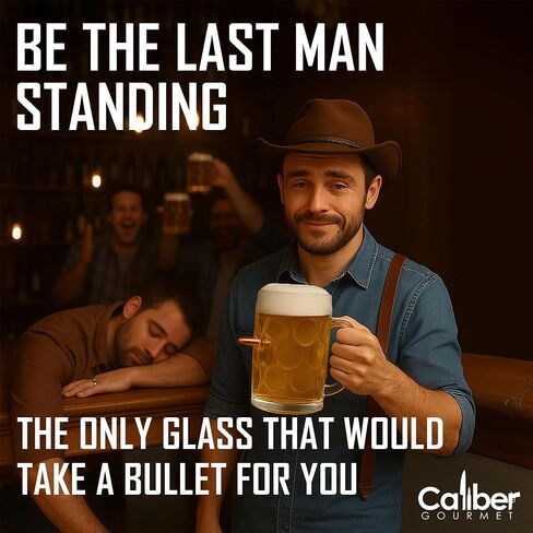 Caliber Gourmet آخر رجل يقف زجاج بيرة كبير مع 7.6 Cal Bullet - Proof Proof Proof Handsefiance Gread للرجال - هدية رائعة لعشاق التكتيكي العسكريين - كبير (34 Oz / 1L) in Kuwait