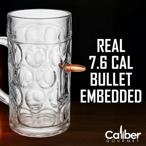Caliber Gourmet آخر رجل يقف زجاج بيرة كبير مع 7.6 Cal Bullet - Proof Proof Proof Handsefiance Gread للرجال - هدية رائعة لعشاق التكتيكي العسكريين - كبير (34 Oz / 1L) in Kuwait
