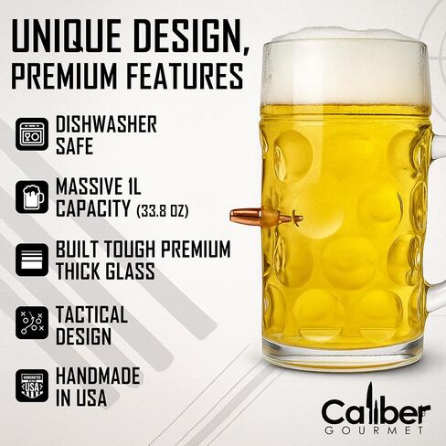 Caliber Gourmet آخر رجل يقف زجاج بيرة كبير مع 7.6 Cal Bullet - Proof Proof Proof Handsefiance Gread للرجال - هدية رائعة لعشاق التكتيكي العسكريين - كبير (34 Oz / 1L) in Kuwait