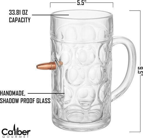 Caliber Gourmet آخر رجل يقف زجاج بيرة كبير مع 7.6 Cal Bullet - Proof Proof Proof Handsefiance Gread للرجال - هدية رائعة لعشاق التكتيكي العسكريين - كبير (34 Oz / 1L) in Kuwait