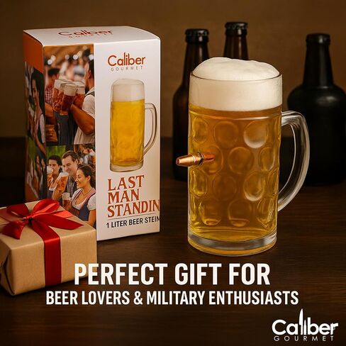 Caliber Gourmet آخر رجل يقف زجاج بيرة كبير مع 7.6 Cal Bullet - Proof Proof Proof Handsefiance Gread للرجال - هدية رائعة لعشاق التكتيكي العسكريين - كبير (34 Oz / 1L) in Kuwait