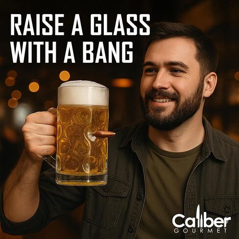 Caliber Gourmet آخر رجل يقف زجاج بيرة كبير مع 7.6 Cal Bullet - Proof Proof Proof Handsefiance Gread للرجال - هدية رائعة لعشاق التكتيكي العسكريين - كبير (34 Oz / 1L) in Kuwait