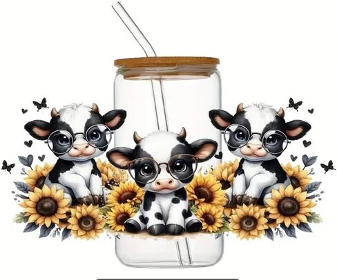 Cute Cow Sunflower Mason Jar Tumbler - 16oz Glass Cup with Bamboo Lid and Straw" in Saudi Arabia