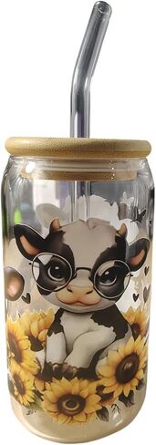 Cute Cow Sunflower Mason Jar Tumbler - 16oz Glass Cup with Bamboo Lid and Straw" in Saudi Arabia