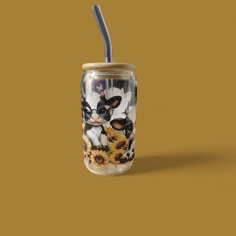Cute Cow Sunflower Mason Jar Tumbler - 16oz Glass Cup with Bamboo Lid and Straw" in Saudi Arabia