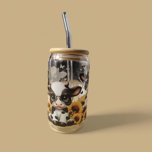 Cute Cow Sunflower Mason Jar Tumbler - 16oz Glass Cup with Bamboo Lid and Straw" in Saudi Arabia