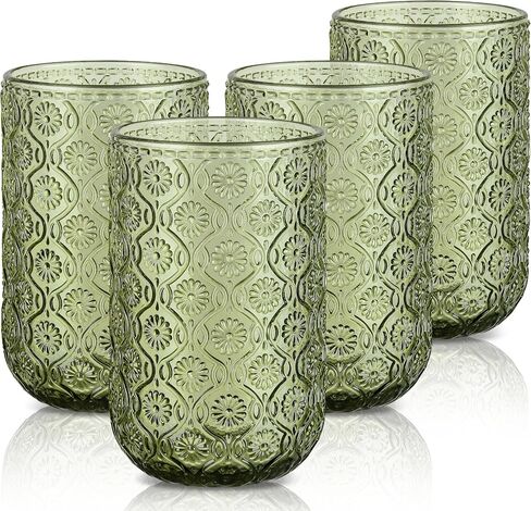 Joeyan Vintage Green Drinking Glasses,Embossed Floral Highball Glass Water Tumbler,14 oz Colored Beverages Juice Cocktail Beer Wine Glassware Cups,Set of 4,Dishwasher Safe in Kuwait