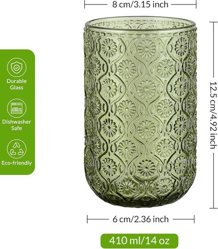 Joeyan Vintage Green Drinking Glasses,Embossed Floral Highball Glass Water Tumbler,14 oz Colored Beverages Juice Cocktail Beer Wine Glassware Cups,Set of 4,Dishwasher Safe in Kuwait
